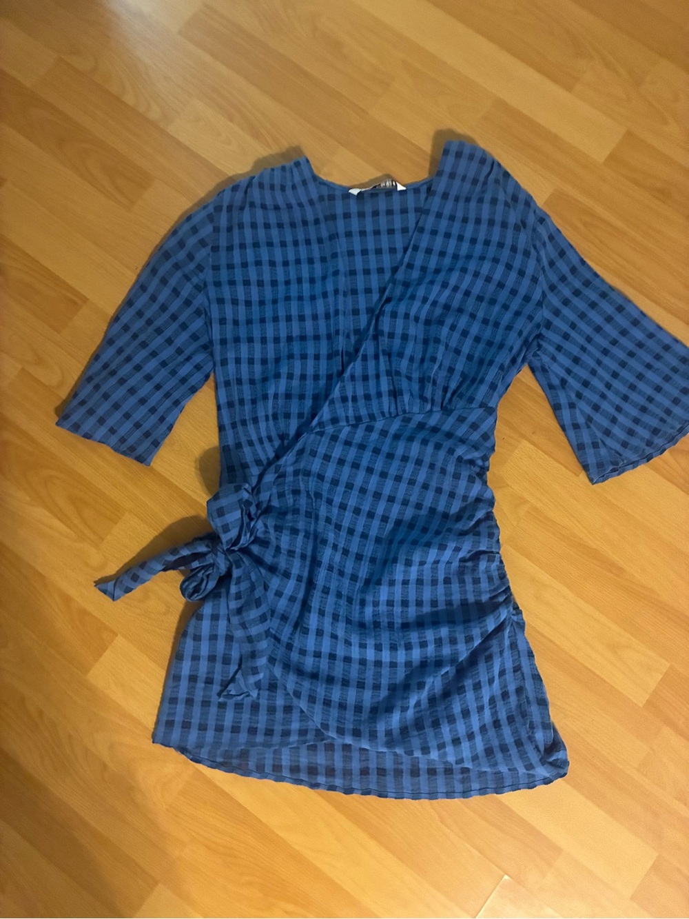 Zara Blue Checkered Mini Cotton Wrap Dress
